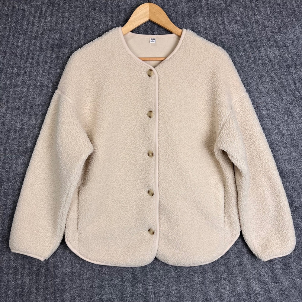 Uniqlo Fleece Cardigan Womens S Cream Excellent Button Up Sherpa Pile Jacket